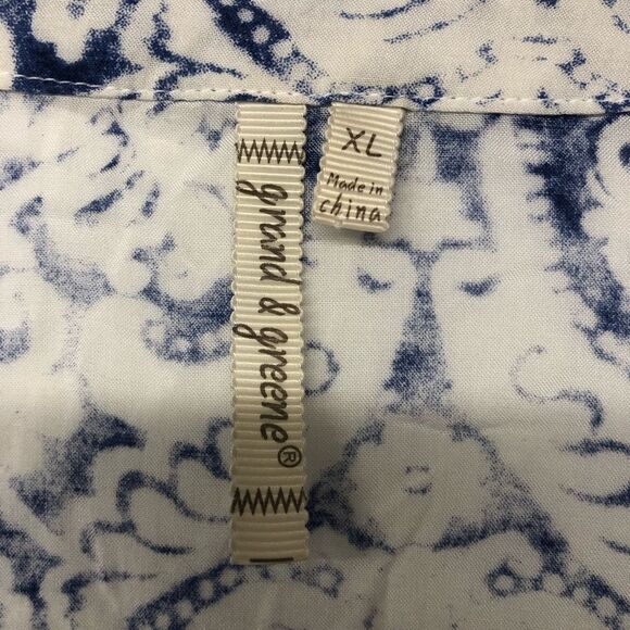 Grand & Greene Blue White Geometric Button-Up Blouse, Size XL - Picture 5 of 7